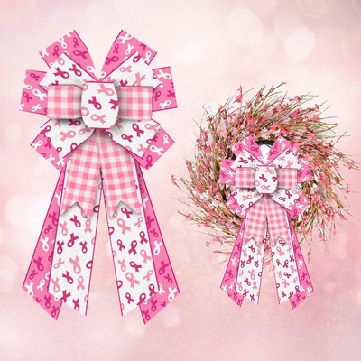 Hying Large Breast Cancer Awareness Bows for Wreath Pink Plaid Pink Ribbon Wr...