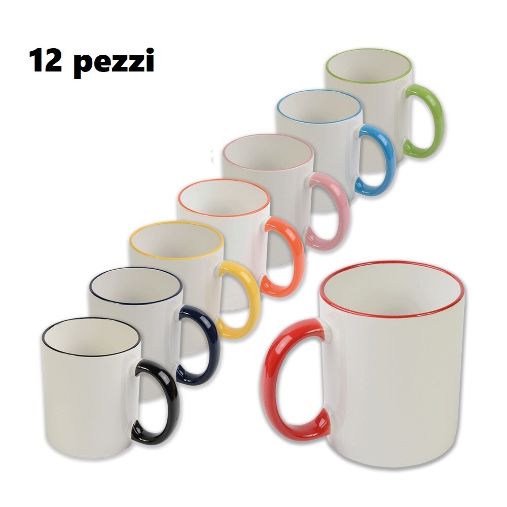 Set 12 Pezzi Tazza Tazzone Porcellana Bianca Latte Colazione Bordo Colorato idea