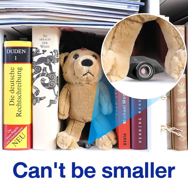 Books, teddy bear, hidden camera on shelf.
