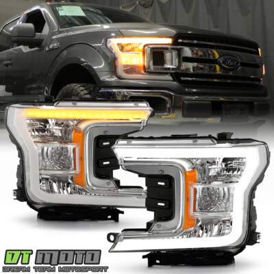 For 2018-2020 Ford F150 Chrome LED Tube SwitchBack Signal Headlights Headlamps