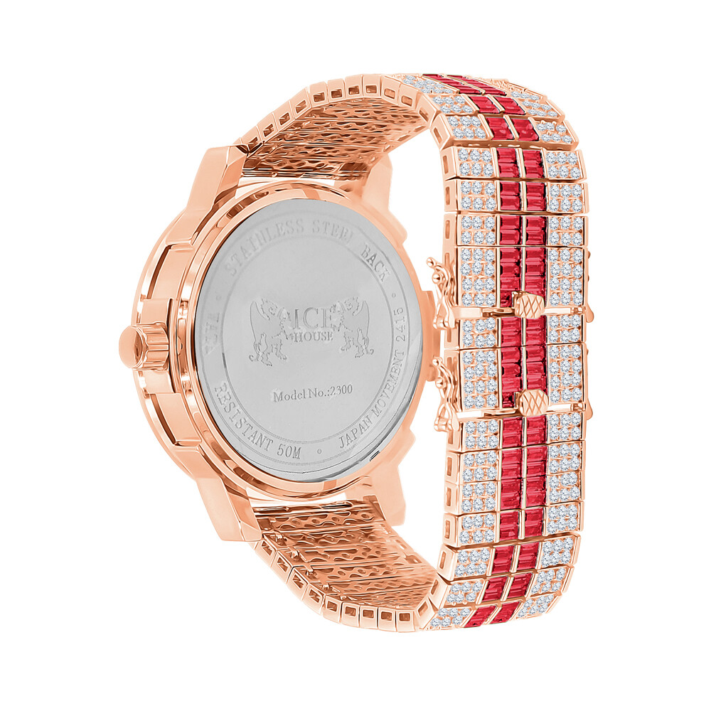 Pre-owned Ice House Icy Red Baguette Rose Gold Tone Red Face Dial Custom Band Luxury Watch