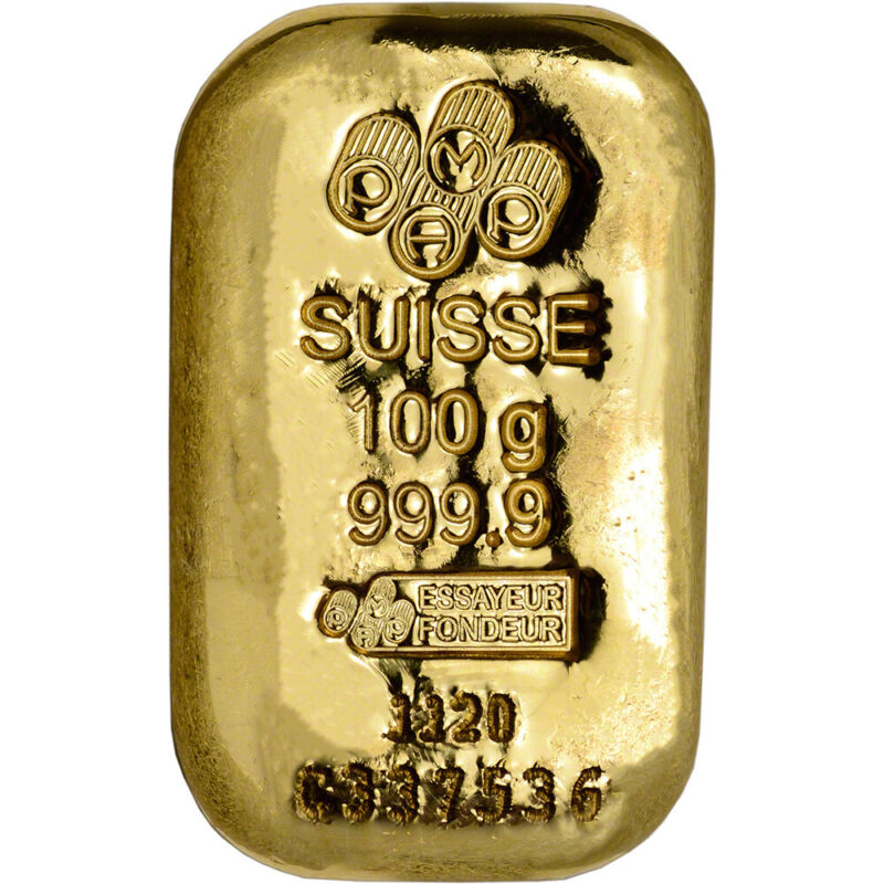 100 gram Gold Bar - PAMP Suisse - Poured - 999.9 Fine with Assay
