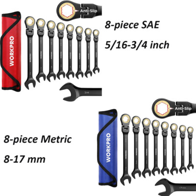 WORKPRO Ratcheting Combination Wrench Set 8-piece Flex-Head Anti-Slip Wrench Set