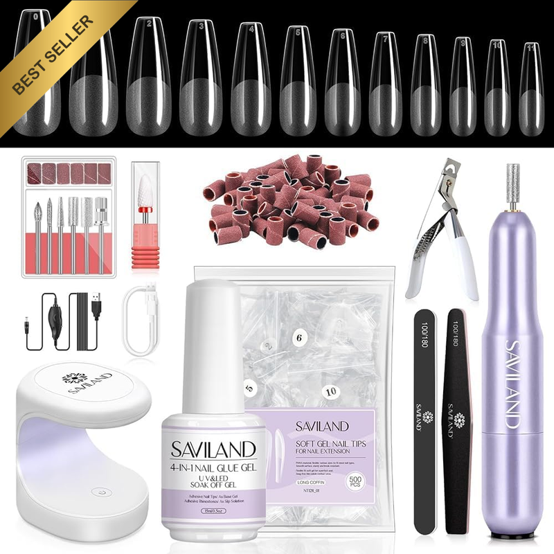All-In-1 Gel Nail Kit Drill UV Lamp Glue Long Coffin 500PCS Tips Acrylic Manicur