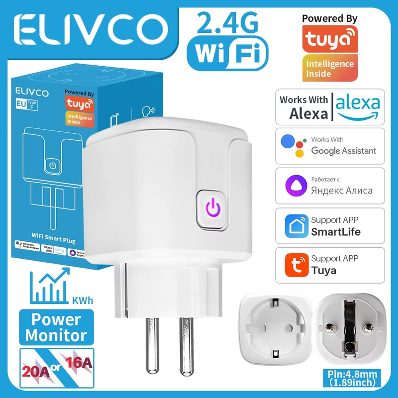 Tuya WiFi Smart Plug 16A/20A EU Smart Socket With Power Monitor Timing Smart Lif