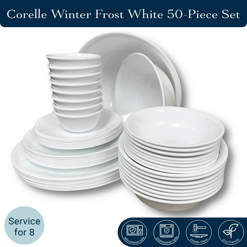 Corelle Winter Frost White, Chip Resistant Dinnerware Set, Service for 8, 50 pcs