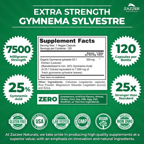 Zazzee Gymnema Sylvestre 25:1 Extract, 7500 mg Strength, 25% Gymnemic Acid
