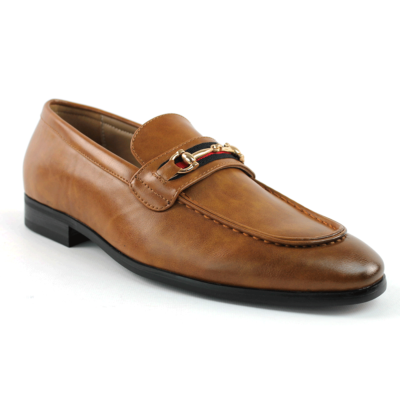 Men s Cognac Brown Slip On Gold Buckle Dress Shoes Loafers Formal By AZARMAN