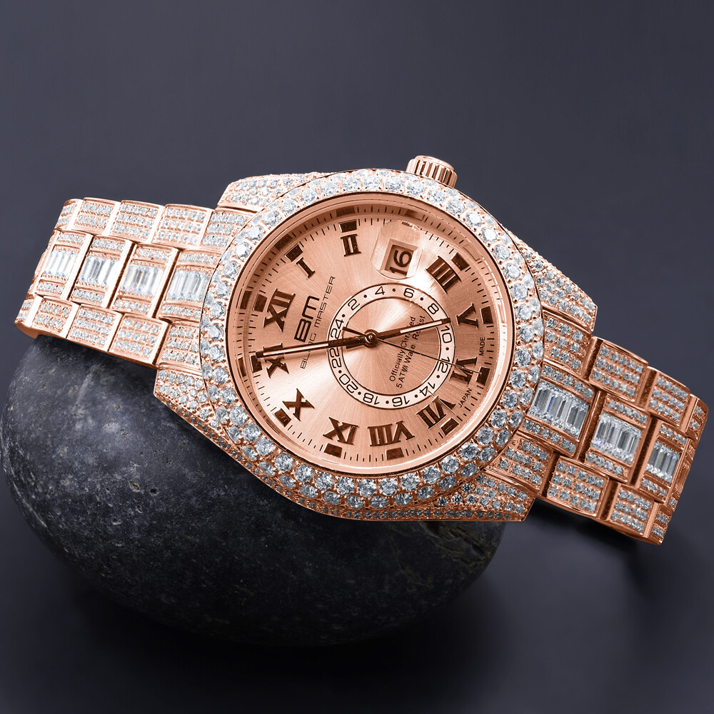 Pre-owned Bling Master - Knight Men's Rose Gold Tone Finish Stainless Steel Simulated Diamond Watch 42mm W/date