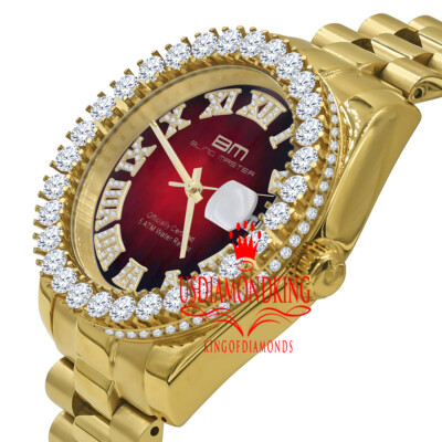 Pre-owned Bling Master Mens Full Steel Red Dial 18k Gold Tone Simulated Diamond Presidential Watch 42mm