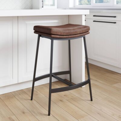 Upholstered Counter Height Metal Barstool Vintage Brown/Matte Black - Nathan