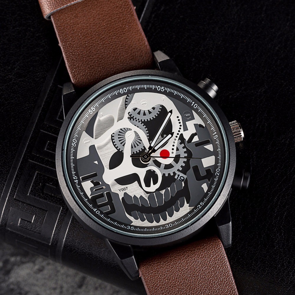 Orologio Da Polso Uomo Quarzo Data Skull Design Y007 Casual Cinturino Marron lac