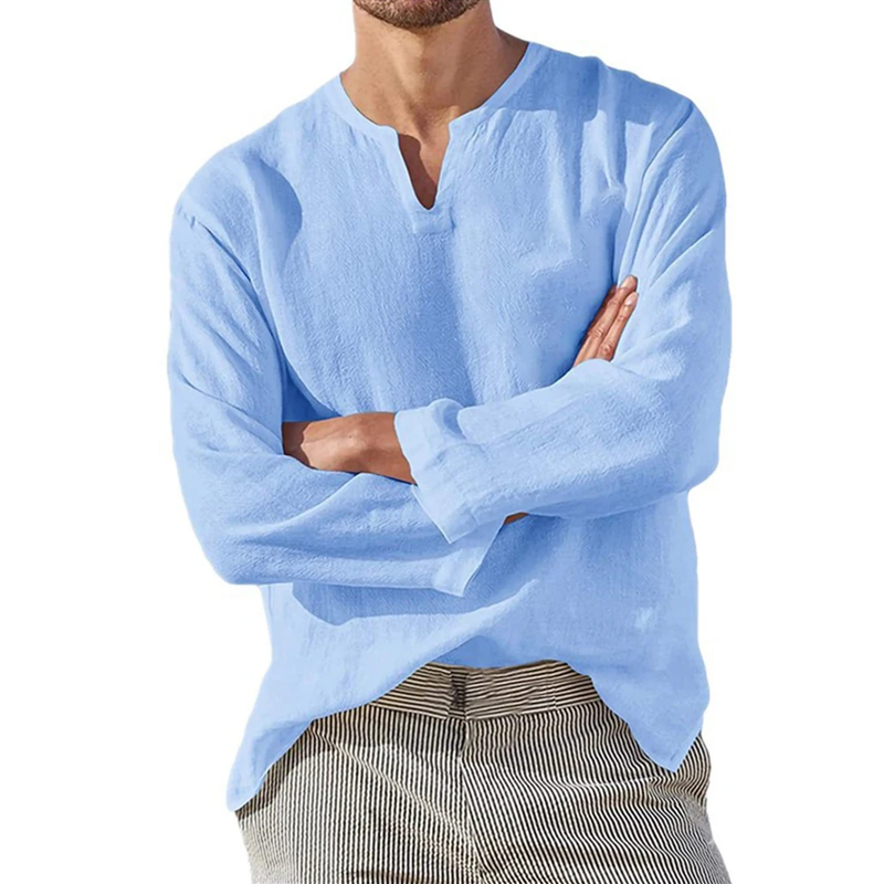 Cotton Linen Men Shirt Brief Breathable Comfy Solid Color Long Sleeve V Neck Cas