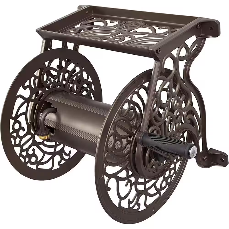 Hampton Bay Hose Reel WallMounted Cast Aluminum Outdoor Manual Crank Bronze 125'