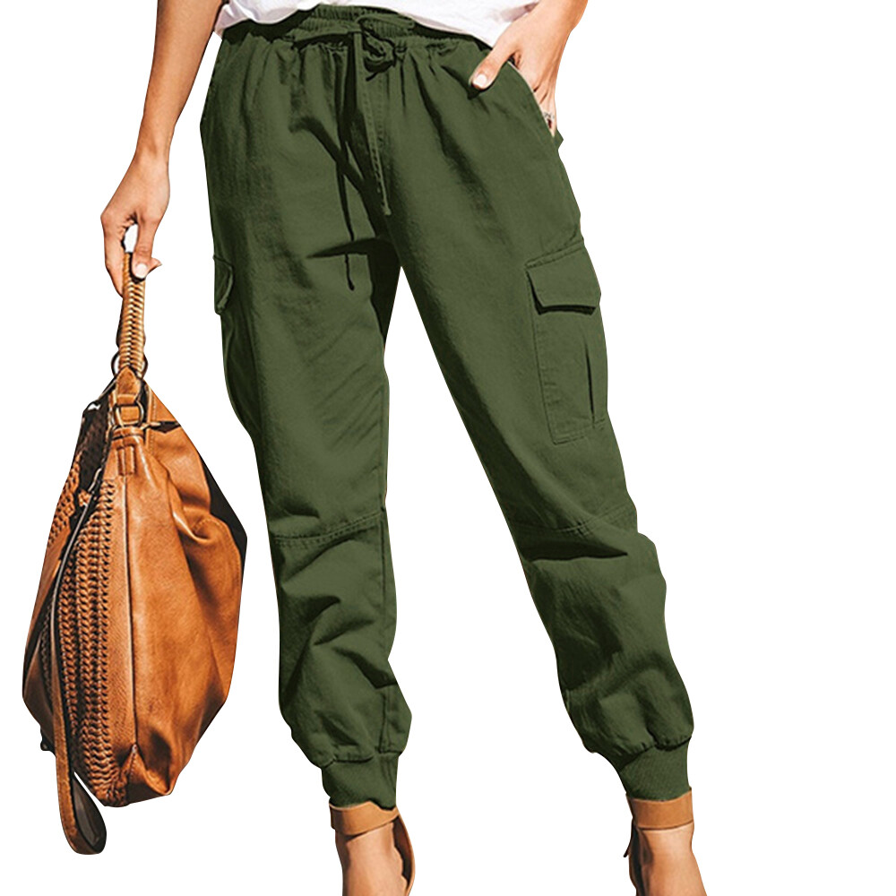 Womens Pockets Harem Cargo Pants Ladies Solid Casual Drawstring Elastic Trousers
