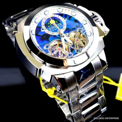 Pre-owned Invicta Man Of War Double Open Heart Automatic Moon Blue Abalone Watch