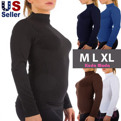 Women Long Sleeve Mock Neck Shirt Stretch Turtleneck Top Slim Fit Plus size M-XL
