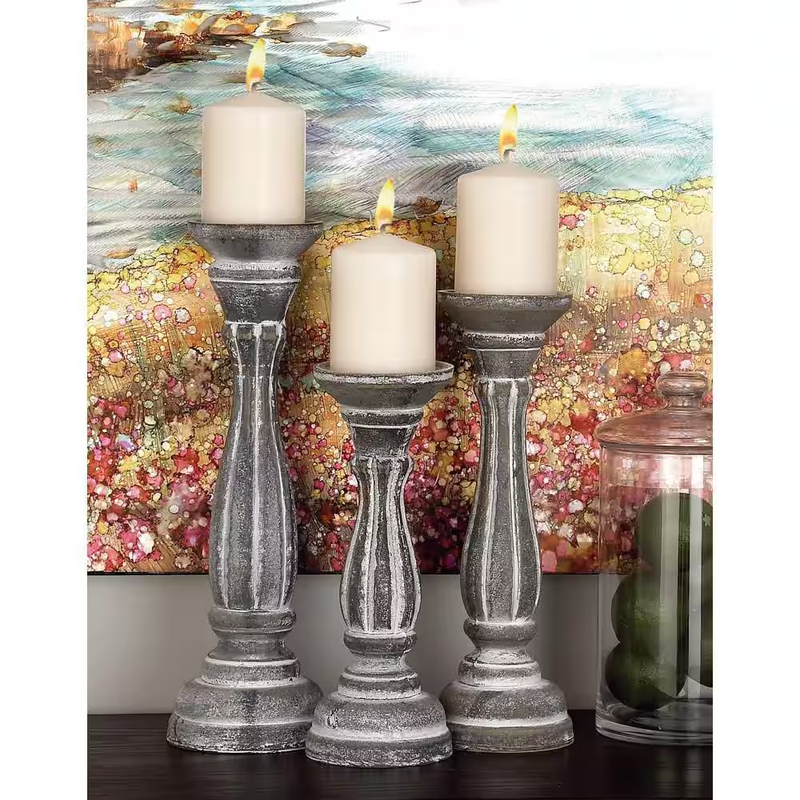 White Wood Turned Style Candle Holder (Set of 3)