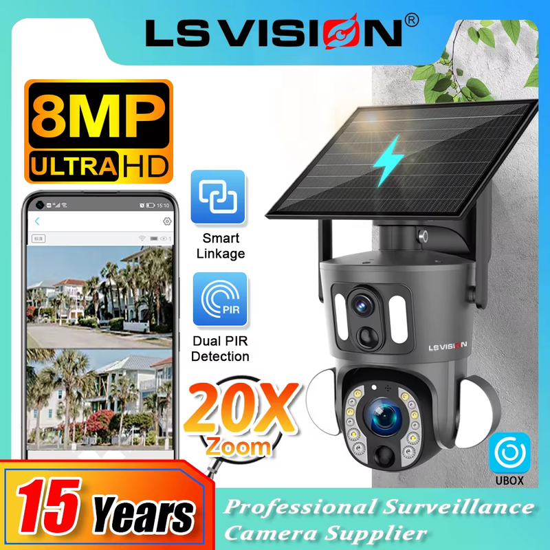 LS VISION 4G Solar Security Camera Outdoor 20X Zoom Dual Screen 8MP WiFi PTZ Dua