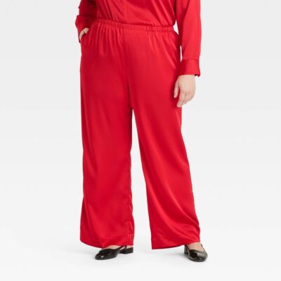 Womens Mid-Rise Straight Leg Satin Pull-On Pants - A New Day Red XXL Long