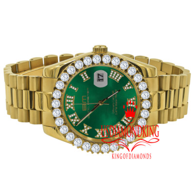 Pre-owned Bling Master Mens Solid Steel Green Dial 18k Gold Simulated Diamonds Presidential Watch 42mm