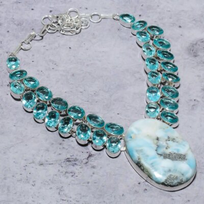 Natural Caribbean Larimar, Blue Topaz 925 Sterling Silver Necklace 18'' Gift w566