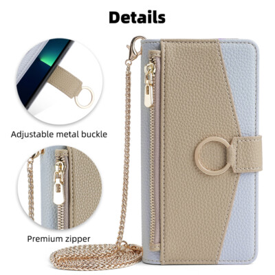For iPhone 16 Pro Max 15 14 13 12 11 XR Women Crossbody Metal Strap Wallet Case
