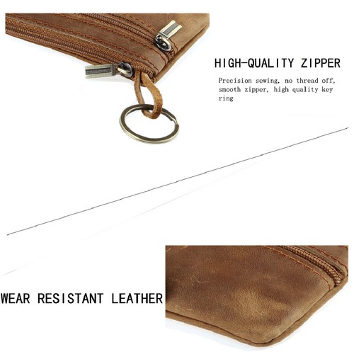 Brown Genuine Leather Small Coin Holder Change Purse Zipper Key Card Wallet.