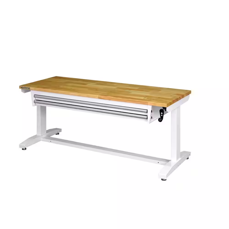 Adjustable Height Work Bench Table 2-Drawer 62 in White Solid Wood