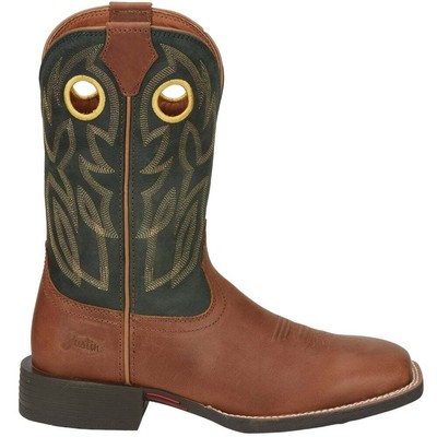 Justin Boots Bowline TooledInlay Square Toe Cowboy Mens Brown, Green Casual Boo