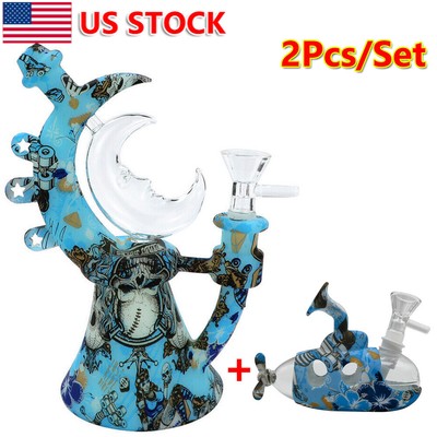 2x Silicone Smoking Hookah Blue Type Moon & Submarine Bong Water Pipe + Bowls