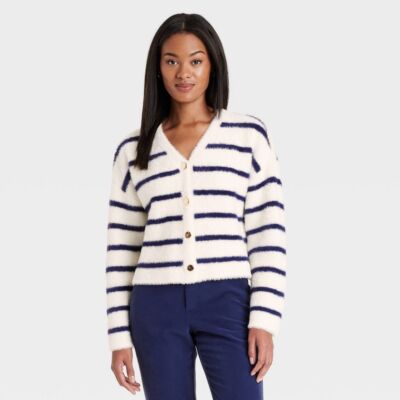 Womens Fuzzy Party Cardigan - A New Day Cream/Navy Striped L