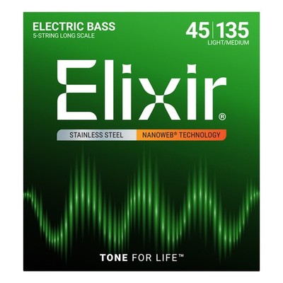 Elixir Nanoweb Stainless Steel 5-String Bass Strings, Light Medium Long 45-135