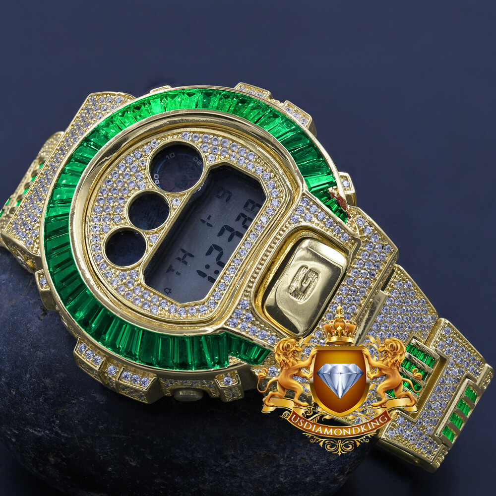 Pre-owned Usdiamondking Baguette Green Emerald Gold Finish Casio Shock Authentic Dw-6900 Custom Watch