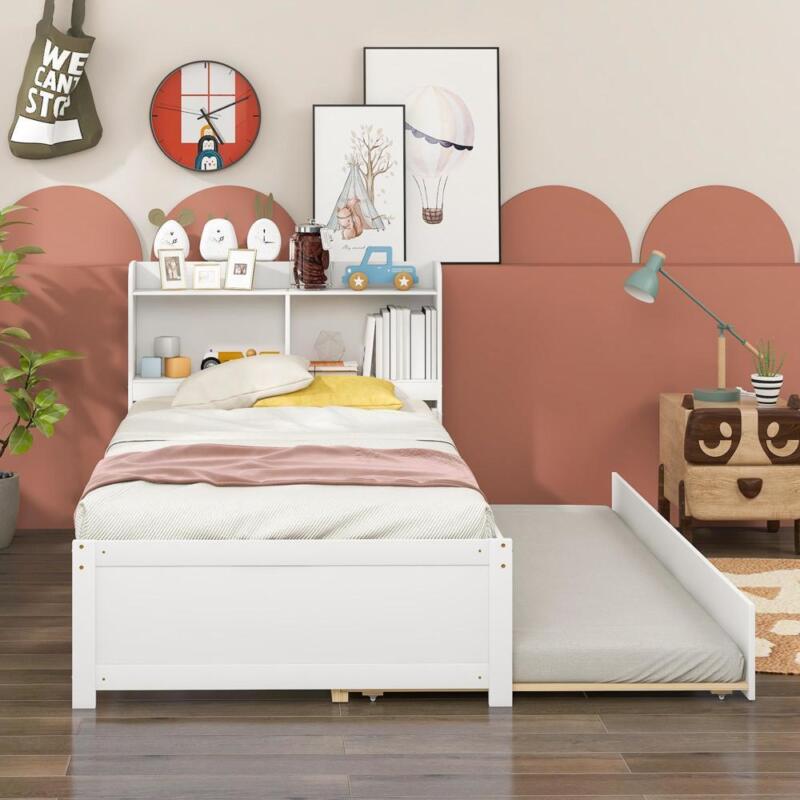 Twin Size Bed Frame With Pull-out Trundle For Guest And Bookcase Espresso/white
