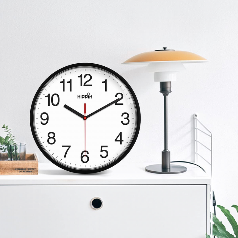 Hippih Clock Black Wall Silent Non 10" Black, 1-black(red Second Hand)