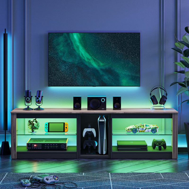 TV Stand 70 Inch home LED Lights Entertainment Center for PS5 Pinewood
