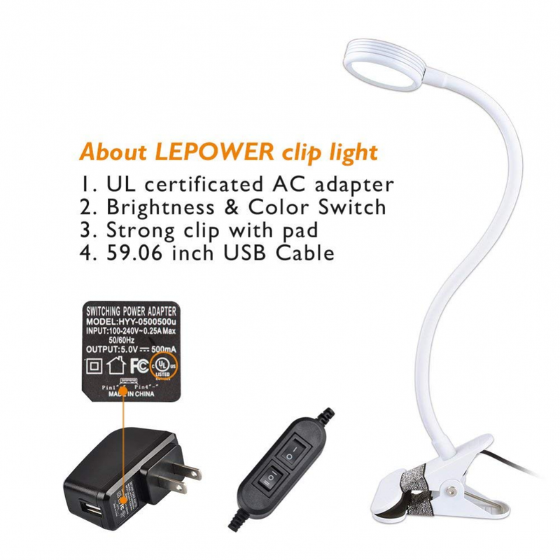 LEPOWER Metal Clip on Light/Reading Light/Light Color Changeable/Night Light on