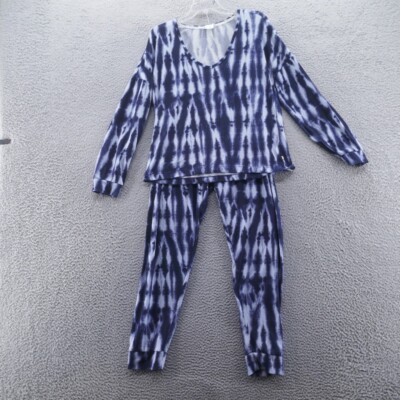 Lucky Brand Womens Tie Dye Pajama Set Large Blue White Long Sleeve Scoop Neck