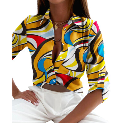 Women's Shirt Tops Office Long Sleeve Button Color Printing Casual Fashion New ↑