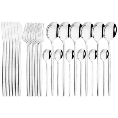 24Pcs/6Set Tableware Set Bamboo Handle Cutlery Flatware Dinnerware Set