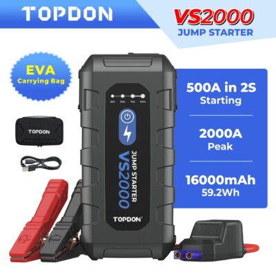 TOPDON 2000A 16000mAh Car Auto Jump Starter Power Bank 12V Engine Pack