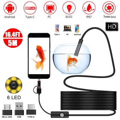 HD 6 LED Snake Endoscope Borescope 7MM/5M Inspection Camera Scope For Phone