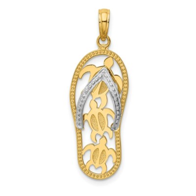 Pre-owned Superdealsforeverything Real 14kt Two-tone Triple Sea Turtle Flip-flop Pendant