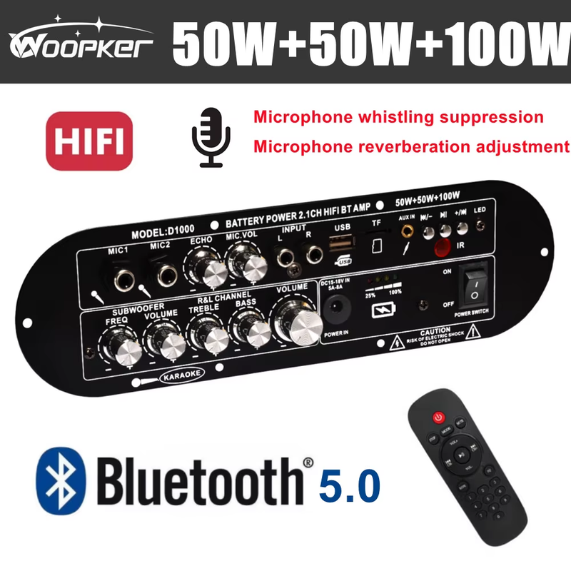 HIFI Bluetooth Rechargeable Audio Amplifier Board 2.1 Channel 50Wx2+100W Support