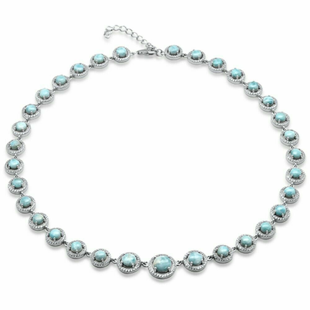 Pre-owned Zaib Jewelry Halo Round Natural Larimar & Cubic Zirconia .925 Sterling Silver Necklace 16"