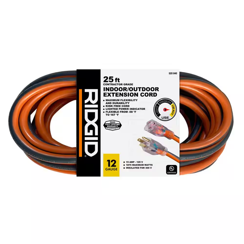 Extension Cord Heavy Duty 25 Ft 12 3 SJTW Outdoor Indoor Power Cord 15 Amp Plug