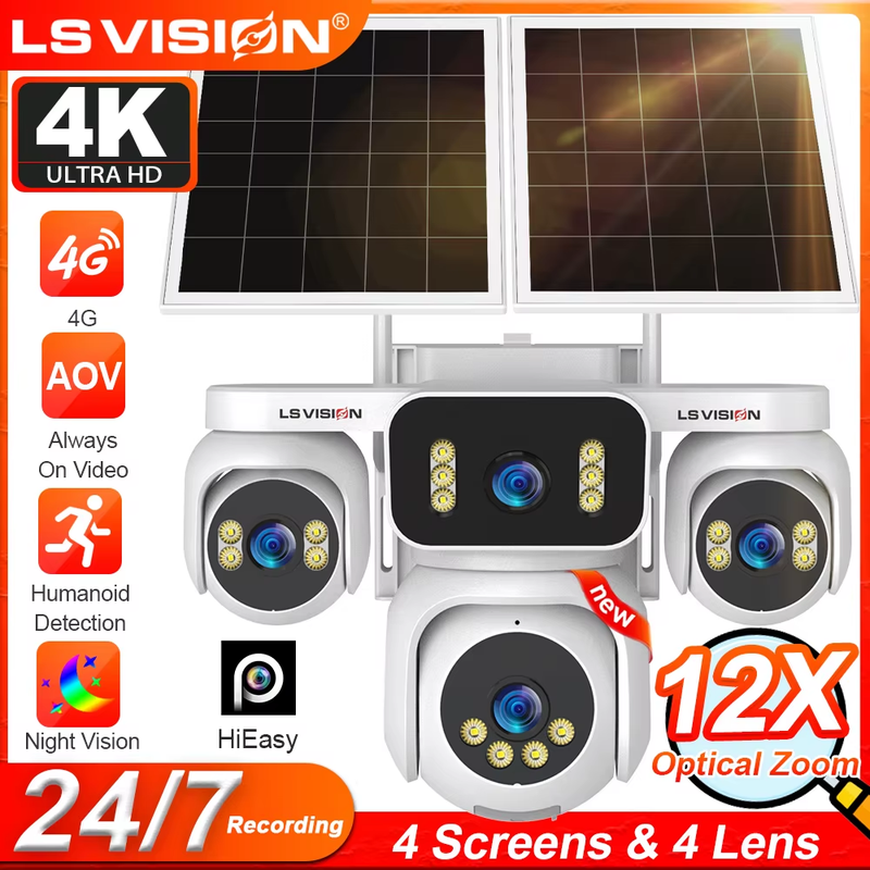 10K AOV 4G LTE Solar Camera Outdoor Security Camera 12X Zoom 24/7 AOV Recording