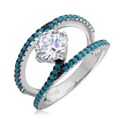 Sterling Silver Open Shank Ladies Ring w/ Turquoise & CZ Stones