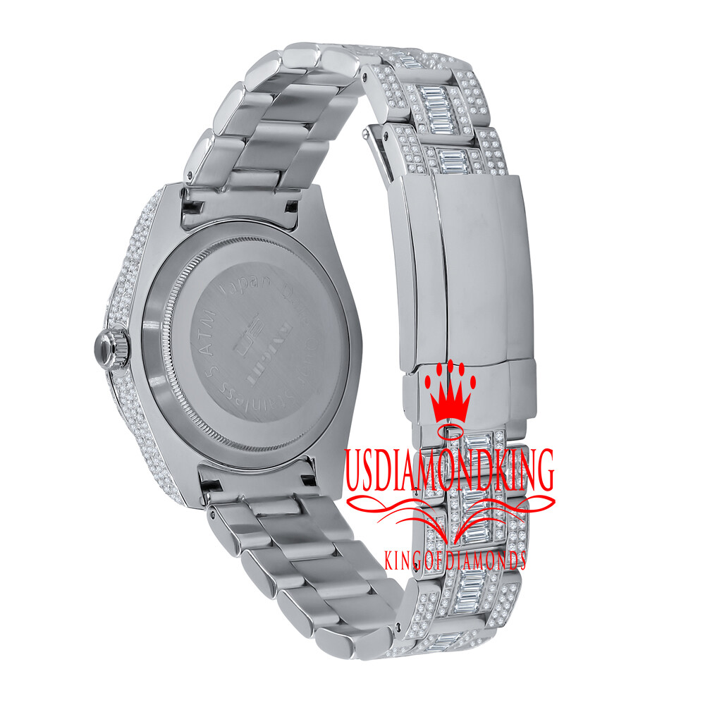 Pre-owned Bling Master Mens Stainless Steel 18k White Gold Finish Simulated Diamond Watch 42mm W/date